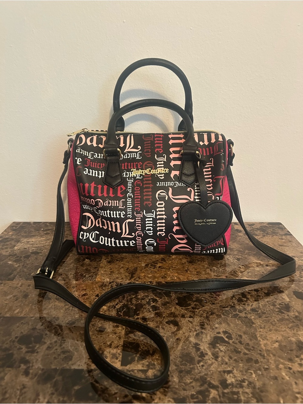Juicy Couture Black & Pink Logo Dome Satchel with Heart Charm